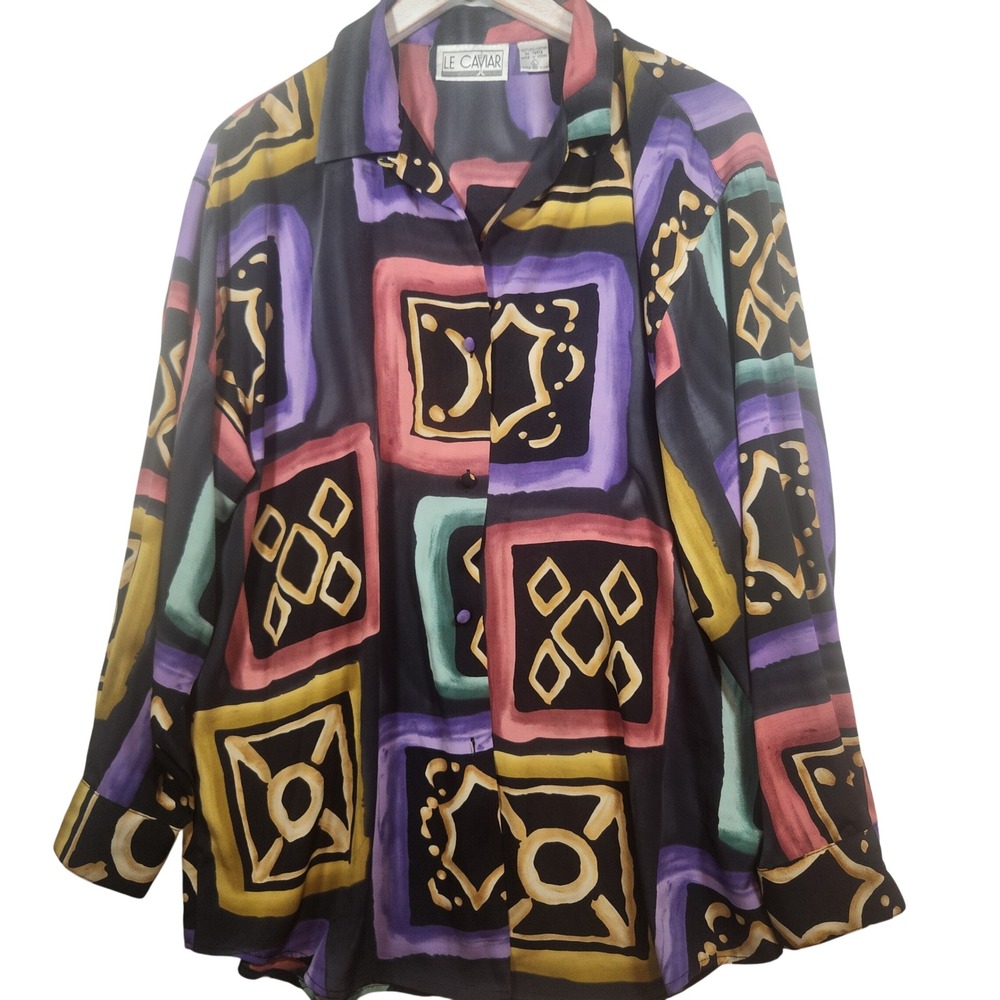 Le Caviar‎ Vintage Geometric Abstract Print Button Up Blouse Womens Large Multi